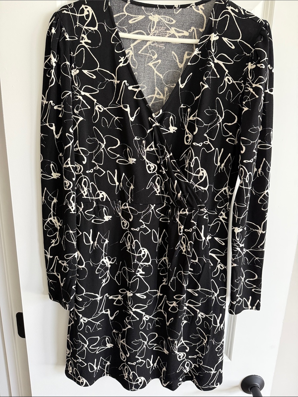 Nine West Black & White Abstract Wrap-Style Dress